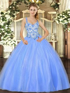 Ideal Straps Sleeveless Organza Vestidos de Quinceanera Beading and Appliques Lace Up