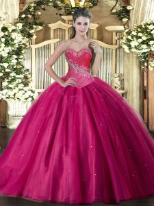 Flare Sweetheart Sleeveless 15th Birthday Dress Floor Length Beading Fuchsia Tulle