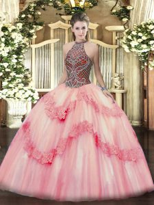 Gorgeous Sleeveless Floor Length Beading and Appliques Lace Up Sweet 16 Dresses with Pink