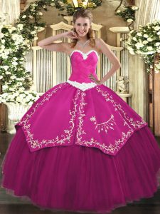 Sweetheart Sleeveless Satin and Tulle Quinceanera Gown Appliques and Embroidery Lace Up
