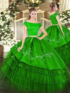 Two Pieces Sweet 16 Dresses Green Off The Shoulder Organza and Taffeta Short Sleeves Floor Length Zipper