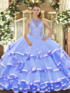 Fancy Floor Length Blue Ball Gown Prom Dress Halter Top Sleeveless Lace Up