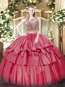 Sleeveless Floor Length Beading and Ruffled Layers Lace Up Quinceanera Dress with Coral Red