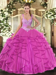 Fuchsia Straps Lace Up Beading and Ruffles 15 Quinceanera Dress Sleeveless