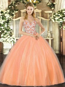 Orange Organza Lace Up Straps Sleeveless Floor Length Quinceanera Gowns Beading and Appliques