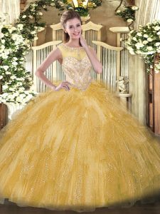Gold Ball Gowns Beading and Ruffles Ball Gown Prom Dress Zipper Organza Sleeveless Floor Length