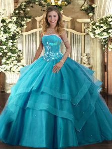 Glittering Floor Length Lace Up Vestidos de Quinceanera Teal for Military Ball and Sweet 16 and Quinceanera with Beading and Ruffled Layers