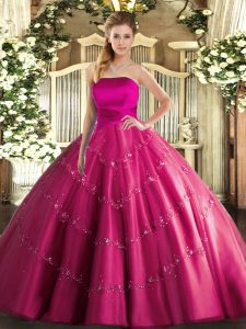 Hot Pink Strapless Neckline Appliques Quince Ball Gowns Sleeveless Lace Up