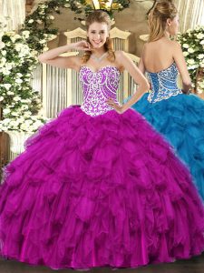 Dazzling Fuchsia Sleeveless Floor Length Beading and Ruffles Lace Up 15th Birthday Dress