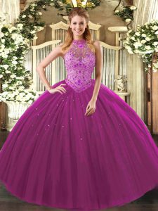 Fuchsia Tulle Lace Up Sweet 16 Dresses Sleeveless Floor Length Beading and Embroidery