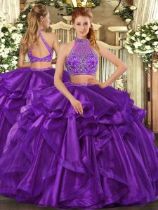 Best Eggplant Purple 15th Birthday Dress Military Ball and Sweet 16 and Quinceanera with Beading and Ruffled Layers Halter Top Sleeveless Criss Cross