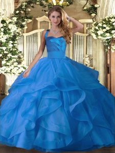 Unique Halter Top Sleeveless Lace Up Quinceanera Dresses Blue Tulle