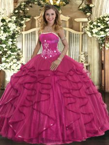 Edgy Floor Length Hot Pink Sweet 16 Dress Strapless Sleeveless Zipper