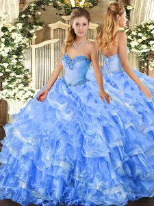 Customized Baby Blue Ball Gowns Sweetheart Sleeveless Organza Floor Length Lace Up Beading and Ruffled Layers 15 Quinceanera Dress