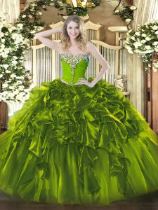 Olive Green Sweetheart Neckline Beading and Ruffles 15 Quinceanera Dress Sleeveless Lace Up