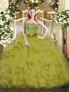 Latest Olive Green Sleeveless Floor Length Beading and Ruffles Lace Up Sweet 16 Dress