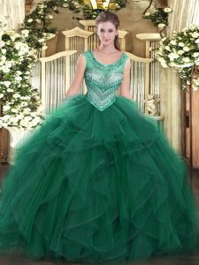 Designer Dark Green Tulle Lace Up Scoop Sleeveless Floor Length Quinceanera Dresses Beading and Ruffles