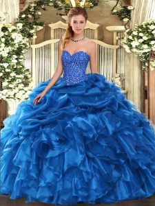 Captivating Blue Organza Lace Up Sweetheart Sleeveless Floor Length 15 Quinceanera Dress Beading and Ruffles and Pick Ups