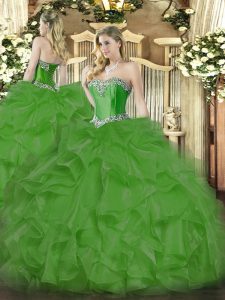 Fantastic Beading and Ruffles Sweet 16 Quinceanera Dress Green Lace Up Sleeveless Floor Length