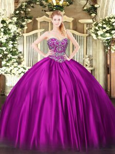 Fuchsia Ball Gowns Satin Sweetheart Sleeveless Beading Floor Length Lace Up Quinceanera Gown