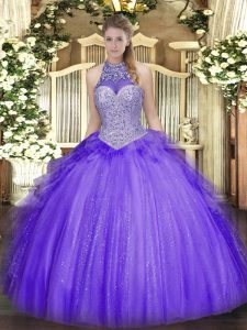 Hot Selling Sleeveless Floor Length Beading and Ruffles Lace Up Quince Ball Gowns with Lavender