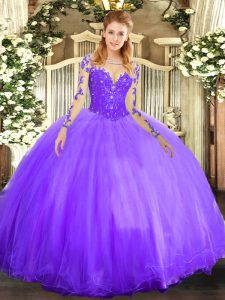 Superior Lace Quinceanera Dresses Lavender Lace Up Long Sleeves Floor Length