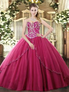 Ball Gowns Sleeveless Hot Pink 15th Birthday Dress Brush Train Lace Up