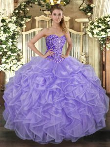 Dramatic Beading and Ruffles Sweet 16 Dresses Lavender Lace Up Sleeveless Floor Length