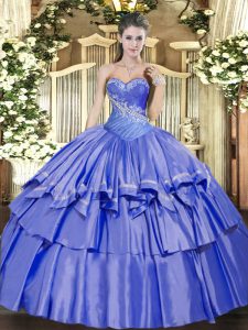 Blue Organza and Taffeta Lace Up Ball Gown Prom Dress Sleeveless Floor Length Beading and Ruffled Layers