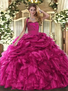 Hot Pink Ball Gowns Halter Top Sleeveless Organza Floor Length Lace Up Ruffles and Pick Ups 15th Birthday Dress