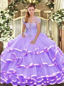 Lavender Ball Gowns Beading and Ruffled Layers Sweet 16 Dress Lace Up Organza Sleeveless Floor Length