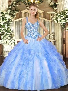 Straps Sleeveless Organza Quinceanera Dresses Beading and Ruffles Lace Up