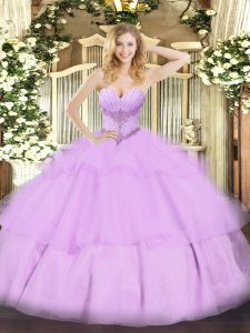High End Sleeveless Floor Length Beading and Ruffled Layers Lace Up Sweet 16 Dresses with Lavender
