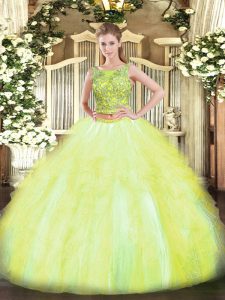 Noble Sleeveless Tulle Floor Length Lace Up Ball Gown Prom Dress in Yellow Green with Beading and Ruffles