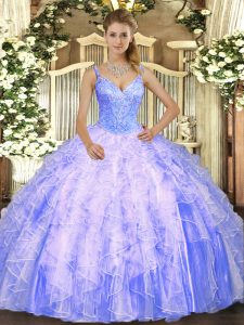 Most Popular Lavender Lace Up V-neck Beading and Ruffles Quinceanera Gowns Tulle Sleeveless