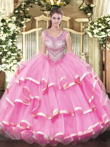 Dynamic Lilac Organza Lace Up Sweet 16 Dress Sleeveless Floor Length Beading and Ruffles
