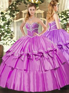 Modern Lilac Sleeveless Beading and Ruffled Layers Floor Length Quinceanera Dresses