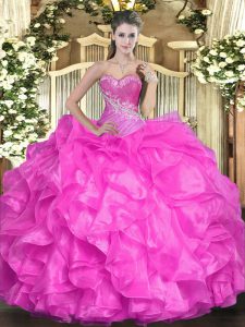 Fuchsia Sleeveless Floor Length Beading and Ruffles Lace Up Quinceanera Dresses