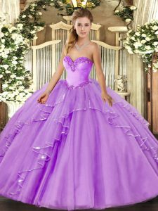On Sale Floor Length Lace Up 15th Birthday Dress Lavender for Military Ball and Sweet 16 and Quinceanera with Beading and Ruffles