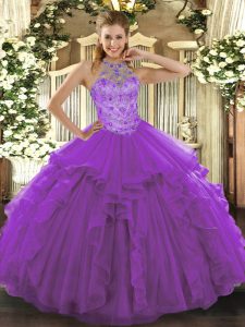 Purple Ball Gowns Halter Top Sleeveless Organza Floor Length Lace Up Beading and Embroidery Vestidos de Quinceanera