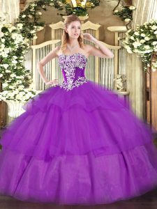 Fine Beading and Ruffled Layers Sweet 16 Dress Purple Lace Up Sleeveless Floor Length