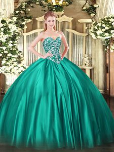 Sweetheart Sleeveless Quinceanera Gown Floor Length Beading Turquoise Satin