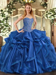 Romantic Floor Length Blue Sweet 16 Dress Organza Sleeveless Beading and Ruffles