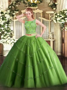 Floor Length Green Quince Ball Gowns Tulle Sleeveless Beading and Appliques
