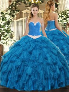 Blue Ball Gowns Appliques and Ruffles Sweet 16 Quinceanera Dress Lace Up Organza Sleeveless Floor Length