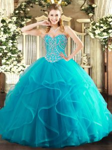 New Arrival Teal Sleeveless Floor Length Beading and Ruffles Lace Up Vestidos de Quinceanera
