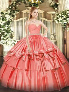 Artistic Floor Length Watermelon Red Sweet 16 Dress Organza Sleeveless Beading and Lace and Ruffled Layers
