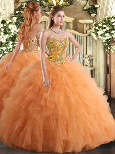 Flirting Orange Sleeveless Tulle Lace Up Quince Ball Gowns for Military Ball and Sweet 16 and Quinceanera