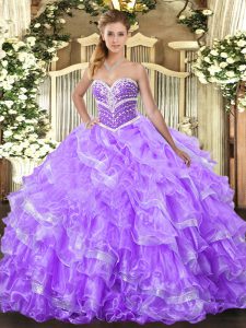 Sumptuous Floor Length Lace Up Quinceanera Dresses Lavender for Military Ball and Sweet 16 and Quinceanera with Ruffled Layers