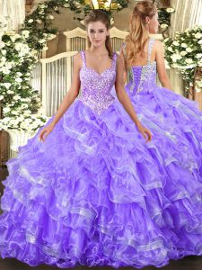 Dynamic Lavender Lace Up Straps Beading and Ruffled Layers Quinceanera Gowns Organza Sleeveless